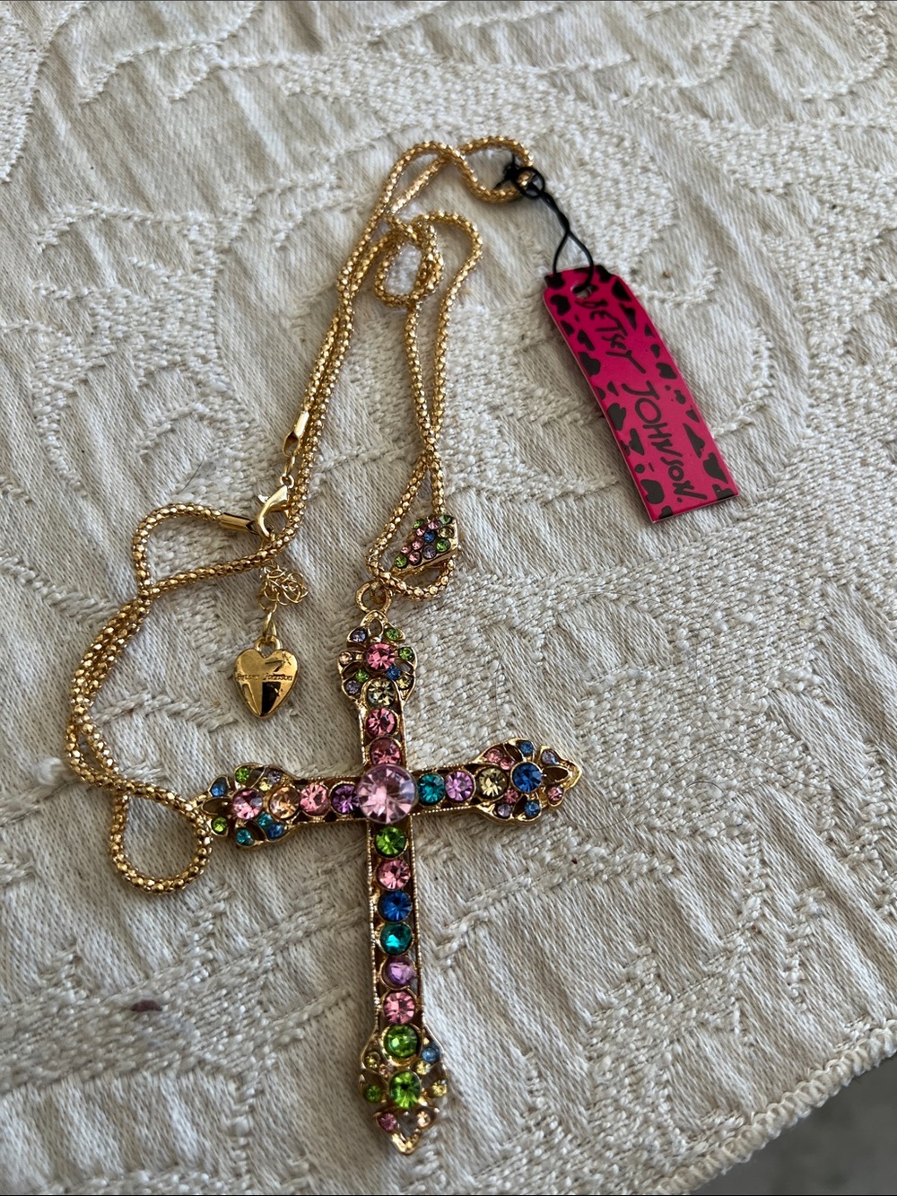 Betsey Johnson Gold-tone Multicolor Crystal Cross Pendant Necklace NWT - Picture 4 of 6